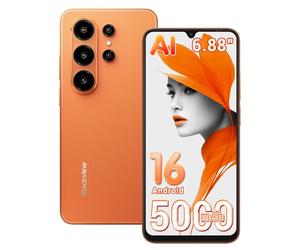 Blackview Wave 10C Android 16 Smartphone Pas Cher, 16Go + 32Go/2To, Telephone Portable Écran 6.88" HD+, 5000mAh, 32MP+13MP, Octa Core, 4G LTE Double SIM Débloqué, WiFi 5/OTG/FM/Empreinte/Coque, Orange