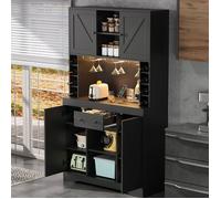 Bladez - Buffet, Armoire haute de rangement,avec étagères réglables, placards de cuisine avec éclairage LED et prises - Noir
