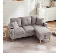 Bladez Canapé d'angle 3 places en forme de L avec espace de rangement et porte-gobelets, réversible, avec 2 coussins, en coton et lin, pour salon, bureau et appartement, gris clair