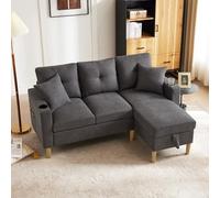 Bladez Canapé d'angle 3 places en forme de L avec espace de rangement et porte-gobelets, réversible, avec 2 coussins, en coton et lin, pour salon, bureau et appartement, gris foncé