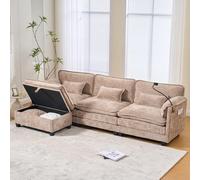 Bladez Canapé d'angle moderne 3 places en chenille avec tabouret de rangement, port USB, support pour téléphone portable, poche latérale et rembourrage en mousse à mémoire de forme, pour le salon