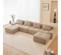 Bladez Canapé d'angle moderne de 4 places, en velours côtelé, modulaire, en forme de U, avec ottoman, sans montage, coussin cloud, mousse 32D, hautement élastique, pour le salon, kaki clair, 4 places