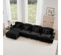 Bladez Canapé d'angle modulaire 4 places en forme de L avec tabouret ottoman, volant amovible, tissu chennille confortable, pieds en bois, canapé rembourré cloud, pour le salon, noir, 4 places + 1