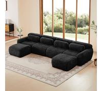 Bladez Canapé-lit d'angle modulaire en forme de U avec tabouret, moderne de luxe en peluche Boneless, sans montage, coussin cloud, assise extra profonde pour le salon, noir, 4 places + 2