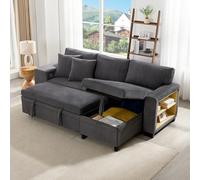 Bladez Canapé-lit en forme de L - Canapé d'angle 3 places en velours côtelé moderne avec espace de rangement et port USB - Canapé d'angle 3 places avec coussins et étagères latérales - Gris