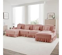 Bladez Canapé-lit modulaire en forme de U 4 places avec tabouret ottoman, volant amovible, tissu chennille confortable, pieds en bois, canapé rembourré Cloud pour salon