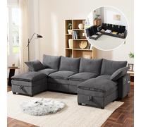 Bladez Canapé-lit modulaire en forme de U avec fonction couchage et repose-pieds - Ports USB - Espace de rangement - Porte-gobelets - Canapé rembourré en velours côtelé en forme de L - 4 places - Gris