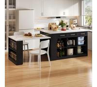 Bladez Îlot de cuisine multifonction avec table à manger extensible 150 cm + 96 cm, en bois MDF, avec tiroirs et compartiments de rangement, pour cuisine et salle à manger (marbre noir et blanc)