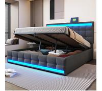 Bladez - Lit Coffre 180x200cm en Lin avec LED Connectée, Lit Adulte avec 2 Ports USB et Rangement Hydraulique - Gris