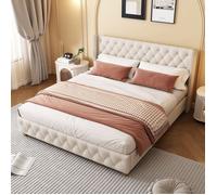 Bladez - Lit Double Capitomné 180x200cm en Lin avec Tête de Lit à Oreilles et Nanti de Clous, Cadre de Lit Chesterfield - Beige