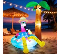 Blafly Flamant rose gonflable avec palmier de 1,8 m - Décoration d'été gonflable avec lumières LED pour fête tropicale Luau, plage, piscine, cour, jardin, pelouse