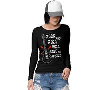 BLAK TEE Femme Guitar Slogan Rock and Roll Will Save The World T- Shirt Manche Longue L