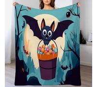 Blanc Bleu Chauves-Souris De La Pleine Lune Couverture Effrayante en Flanelle Douce Animaux De Dessins Animés pour Halloween,Saint-Valentin,Lit,Canapé,Salon,Chambre À Coucher,100X130Cm