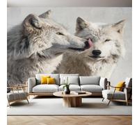 Blanc Cassé Papier Peint Intissé 200x140 cm Animaux Deux Loups Papier Peint Panoramique Mural Affiche Géante Décoration Murale Photo Salon Chambre D'enfant Décor Fond TV