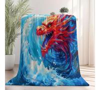 Blanc Couverture Polaire en Flanelle - Ultra Douce et Chaude Jeté de Canapé ou de Lit, Fantastique Dessin animé Dragon Vagues Réversible et Lavable en Machine, Idéale pour la Maison 150 x 200 cm