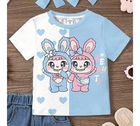 Blanc crème et bleu frais, nœud mignon en forme de cœur, graphique animal original, inspiré d'Animal Crossing, style kawaii, t-shirt à col rond manches courtes minimaliste pour jeune fille, convient p