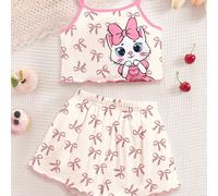 Blanc crème et rose crème, imprimé animal mignon de chat, ensemble de pyjama minimaliste décontracté de Top brassière et short à motif de dessin animé pour jeune fille. Convient pour l'été à la maison