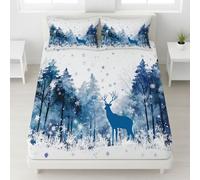 Blanc Doux Respirant Drap Housse Flocons de Neige Cerfs Forêt Imprimé Drap Housse Silhouette Rêve Lavable Hiver Conte de fées Ajustable Drap de lit 90 x 190 x 30 pour Femmes Adultes