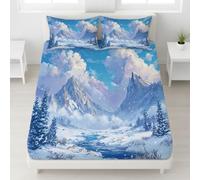 Blanc Drap-Housse, 140 x 190 cm cm,Microfibre Coins Élastiqués Drap de lit pour Matelas Épais jusqu'à 30 cm, Esthétique Neige Rivière Nuages Brume Doux Respirant Drap de lit