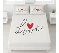 Blanc Drap Housse Mot Love Cœur Rouge Cursive Lavable en Machine Drap Housse Peint à la Main Minimaliste Romantique Drap de Matelas Mignon Résistant aux Rides 90 x 200 x 30 pour Couples & Filles