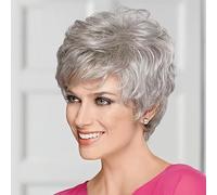 Blanc Femme perruque courtes grises elfe coupe frange naturelle frisée cheveux synthétiques perruque stratifiée
