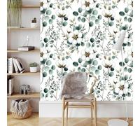 Blanc Fleurs Plante Papier Adhesif Meuble Mat Papier Peint Mural Film Aquarelle Style Autocollant Wallpaper Rouleau Impermeable Stickers Collant Décoration pour Cuisine Tables Armoires Mur 0.4X10 M