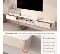 Blanc flottant TV armoire tiroirs porte mur monté console média en bois massif, avec trou de routeur et creux arrière