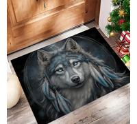 Blanc Grisâtre Paillasson Attrape-Poussière, Loup Attrape-Rêves Tapis de Sol Antidérapant Lavable en Machine, Groupes Ethniques Mystérieux Absorbantes pour Entrée Porte et Couloir - 80 x 120 cm