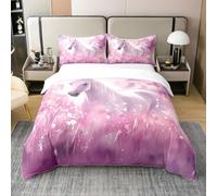 Blanc Horse Coton Biologique Housse de Couette Spécial pour Adolescentes,Rose Dream Fleur Literie Set,Magical Animal Parure de Lit,3D Cheval de Course Couvre Lit Fermeture À Glissière,220x240