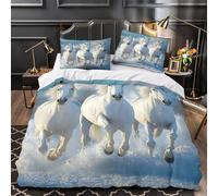 Blanc Horses Galloping Linge de Lit 3D Effet Microfibre Hypoallergique 3 Pièces 2 Taies Super Douce Wild Nature Ensemble De Literie Confortable Entretien Facile for Adolescent Single（140x200cm）
