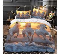 Blanc Horses Galloping Parure de Lit Microfibre Hypoallergique 3D Imprimée 3 Pièces Éclair Ultra Douce Wild Nature Housse de Couette Respirante Entretien Facile for Couple Super king（260x220cm）