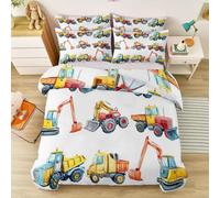 Blanc Jaune Housse de Couette 140 x 200 cm, pour Garçons Aquarell Fait Main Parure de Lit, Dessin Animé Véhicules Chantier Pelleteuse Microfibre Parure de Lit avec Taies d'oreiller