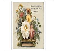 Blanc Livres de fleurs Mural Tableau décoratif Style d'illustration rétro Impression sur toile pour Maison Bain Salon Chambre Restaurant 120x80 cm sans cadre