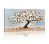 Blanc Or Floral Cerisier En Fleurs Grand Tableau Decoration Murale Avec Bois, Abstrait Floral Impression Sur Toile Arbre de Vie Toile Peinture Sur Toile Maison Décoration pour Salon Cuisine 50X100cm