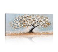 Blanc Or Floral Cerisier En Fleurs Grand Tableau Decoration Murale Avec Bois, Abstrait Floral Impression Sur Toile Arbre de Vie Toile Peinture Sur Toile Maison Décoration pour Salon Cuisine 50X120cm
