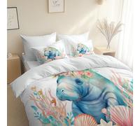 Blanc Parure de lit Réversible 200 x 200 cm - Set Housse de Couette Style Bohème Lamantin Aquarelle et 2 x Taies d'oreiller - Parure de Linge de Lit avec Fermeture Éclair - Couette 4 Saisons