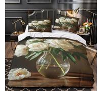 Blanc Peonies Linge de Lit Microfibre Résistante 3D Imprimé 3 Pièces 2xTaies Ultra Douce still Life Floral Housse de Couette Résistante Entretien Facile for couple amoureux King（220x240cm）