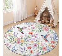 Blanc Tapis Rond Plante Floral pour Chambre Enfant, Dimension: 160 cm | Lavable en Machine et Antidérapant Tapis Rond Aquarelle Oiseau Fleur Sauvage pour Garçons Filles Espace de Jeu Design