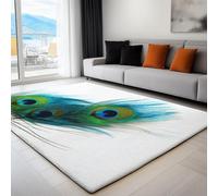 Blanc Tapis Salon Gros Plan sur des Plumes De Paon Intérieur Doux en Flanelle Tapis de Chambre, Poil Court Moderne Lavable Antidérapant Moquette - pour Salon Chambre 90 x 150 cm