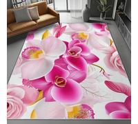Blanc Tapis Salon Lavable, Poil Court Antidérapant, Tapis Doux Éléments Floraux Simples Roses Imprimé Motif pour Chambre Cuisine Couloir Entrée, 120 x 170 cm