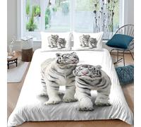 Blanc tiger duo Ensemble De Literie résistante 3 Pièces 3D Effet Léger Wild animal photography Linge de Lit avec Taie d'oreiller Facile d'entretien for Décoration de Chambre Super king（260x220cm）