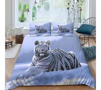 Blanc Tiger in Neige Parure de Lit 3D Effet Microfibre 3 Pièces Hypoallergique Wild Animal Art Linge de Lit avec Taie d'oreiller Facile d'entretien for Ado Single（135x200cm）