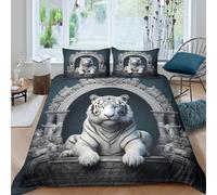 Blanc Tiger Statue Housse de Couette Hypoallergique 3 Pièces 3D Imprimée Entretien Facile Art d'animaux mythiques Parure de Lit avec Taie d'oreiller Léger for Enfants Garçons Ado Double（200x200cm）