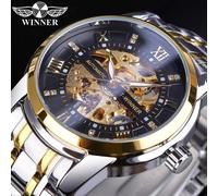 (Blanc) Winner Doré Noir Cadran Diamant Squelette Acier Inoxydable Étanche Lumineux