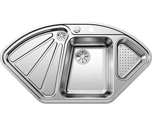 BLANCO delta-IF 523667 Évier d’Angle Évier de Cuisine pour Pose Normale et à Fleur de Plan avec Commande de Vidage et Récipient Acier Inoxydable Satiné