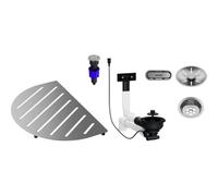 BLANCO OOVALON Kit de composants en acier inoxydable brossé | TopGrid, bonde avec tuyau économiseur d'espace et vanne à panier InFino | Avec pushControl | Kit d'accessoires pour évier OOVALON |