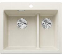 BLANCO PLEON Évier en granit à 6 fentes, en SILGRANIT blanc doux, installation par le haut, bac principal à gauche, pour armoires inférieures de 60 cm de large, concept divisé : pont de bassin