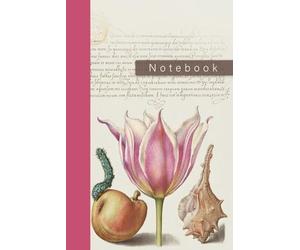 Blank Lined Notebook, Pink Tulip, Caterpillar, Pear, and Purple Snail from Mira Calligraphiae Monumenta or The Model Book of Calligraphy (1561-1596) by Georg Bocskay and Joris Hoefnagel.