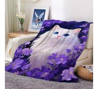 Blanket Throws Flannel Throw for Couch Sofa Bedroom Chair Home Decor, Lightweight Purple Flower Bush Kitten Pattern Travel Women Men Adults. 100x130cm