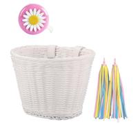 BLASHRD 1 Ensemble Panier de Vélo en Osier Rotin + Cloche + Pompon + Autocollants Accessoires de Guidon de Vélo Adulte Tissés à la Main Réglables Blanc